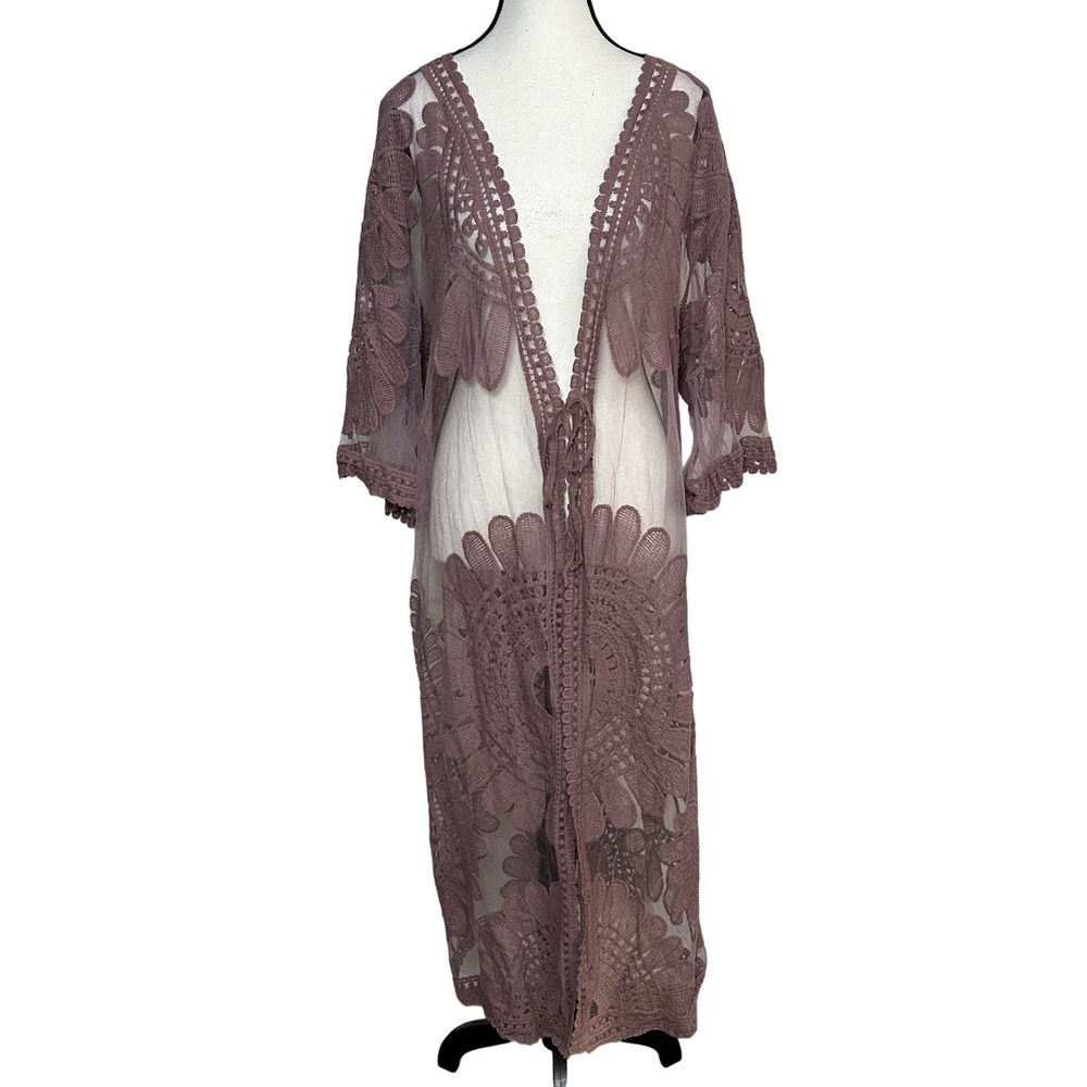 Jardin by Macris Lace Longline Duster Kimono Cardigan Women OS Sheer Boho Floral